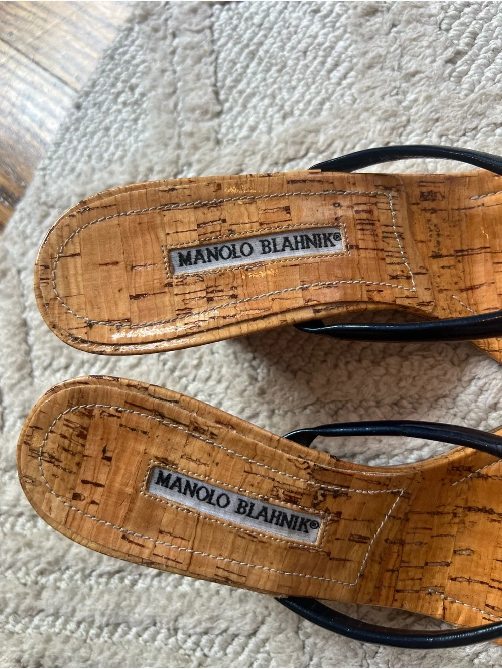 Manolo Blahnik vintage corkblock pattern navy flip flop wedges, size 38.5